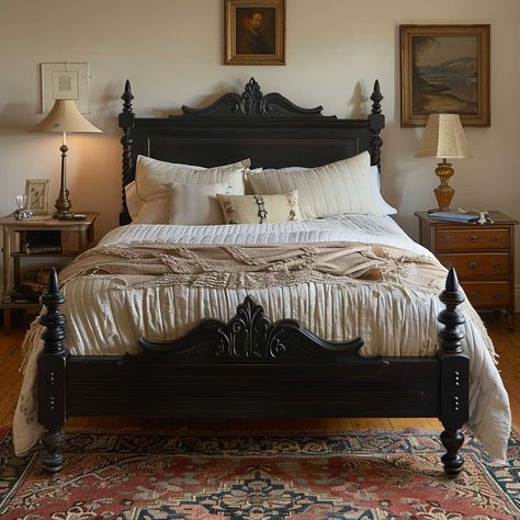 King Size Black Bed Frame, Bedding For A Black Bed Frame, Folksy Bedroom, Black Farmhouse Furniture, Black Bedding Aesthetic, Black Bed Frame Decor, Black Furniture Bedroom Aesthetic, Black Bed Frame Bedroom Ideas, Gothic Bed Frame