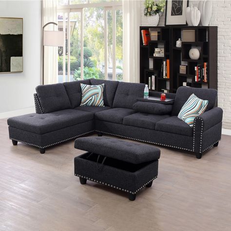 PRICES MAY VARY. Linen 【Versatile L-Shaped Sectional Couches with Storage Ottoman】Our Linen Fabric sectional sofa redefines your living space with its modular design and multifunctional storage ottoman. Ideal for storing various household items, this ottoman enhances your living area’s functionality, serving as additional seating or a luxurious footrest, perfectly complementing the sectional’s sleek style. 【High-Quality Linen Fabric Upholstery Sectional Sofas】Experience the epitome of luxury wit Living Room With Teal Accents, Ottoman Dark, Grey Sectional Couch, Linen Sectional, Fabric Sectional Sofas, Sectional With Ottoman, Teal Accents, Couch Set, Sofa Chaise