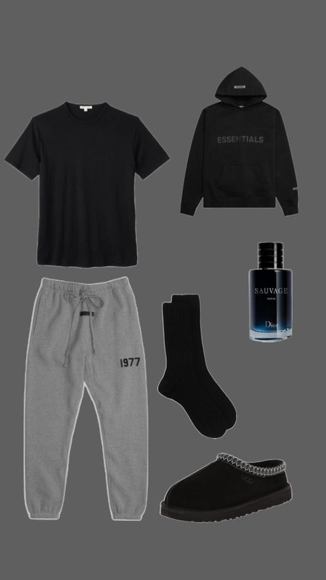 Men’s Pj Outfit, Men’s Lazy Outfits, Essentials Fit Men, Midnight Navy Jordan 4 Outfit Men, Comfy Outfits For School Men, Essential Crewneck Outfit, Fit Ideas Men Streetwear, Outfits With Pajama Pants, Comfy Outfit Ideas For School