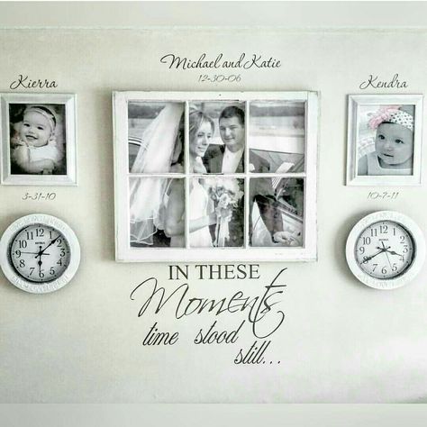 Personalized gallery wall. I set the clocks to each child's birth time. Decals… Time Of Birth Clock Wall, Birth Wall Decor, Family Picture Wall Decor Ideas, Dining Room Decor Country, Vom Avea Un Copil, Personalized Gallery Wall, Family Wall Decals, Country Dining Rooms, Family Wall Decor