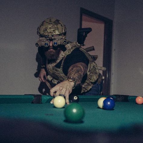 DJ Shipley on Instagram: "When given the opportunity to move in a unfamiliar structure and polish your skillset, you do it. When you discover a pool table during clearance and realize you’ve never played a full game of pool on NODs, you remedy that and send it with your boy! Solid work. @therealphatty 📸 @dynamikconcepts #movement #gbrsgroup #cqb #unconventional #pool #havefun" Dj Shipley, Wojskowy Humor, Soldier Images, Special Forces Gear, Tactical Operator, Military Aesthetic, Military Gear Tactical, Army Pics, Tactical Gear Loadout