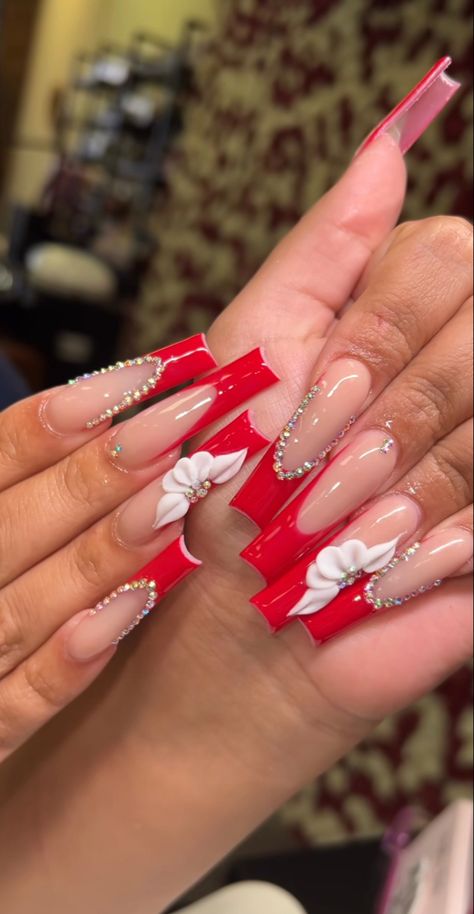 Red Long Nails Designs, Xl French Tip Nails, Red French Tip Toe Nails, Red Exotic Nails, Thailand Nails, Red Long Nails, Gel Toe Nails, Long Nail Designs, Dope Nail Designs