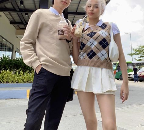 aesthetic pinterest outfit couple; beige aesthetic; beige pinterest outfit; brown aesthetic; brown sweater vest; beige sweater vest aesthetic coffeedateoutfit #coupleoutfit #shopeeoutfit woersha woershacalderon woershamarie tennisskirt Paskuhan Outfit, Brown Couple Outfit, Beige Vest Outfits For Women, Brown Sweater Vest Outfit, Coffee Date Outfit Aesthetic, Sweater Vest Aesthetic, Vest Women Outfit, Knitted Vest Outfit, Beige Sweater Vest