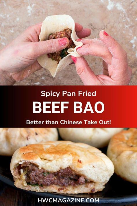 Spicy Pan Fried Beef Bao getting crimped and showing a bite out after cooked. Pan Fried Recipes, Beef Bao Buns Recipe, Pan Fried Buns, Beef Bao, Bao Buns Recipe, Baozi Recipe, Dim Sum Dumplings, Meat Bun, Chinese Snacks