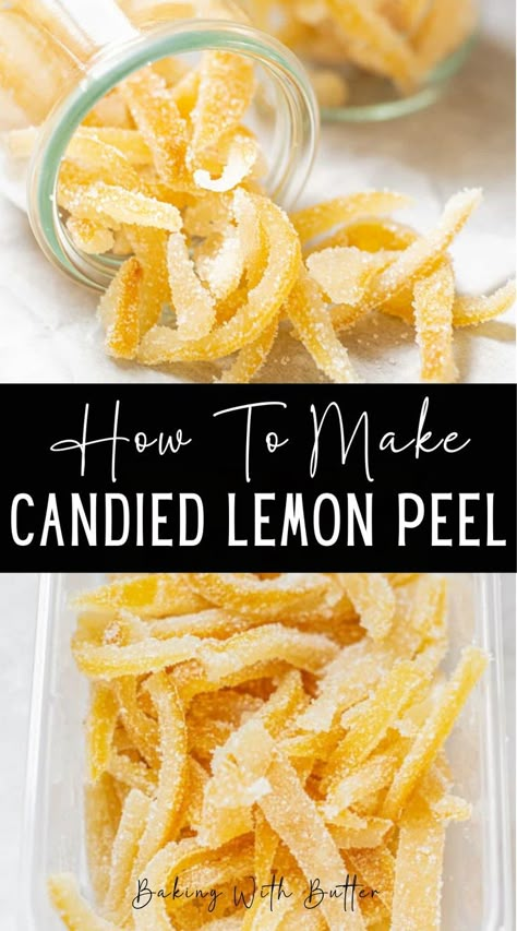 Candied lemon peel is deliciously tangy, sweet and chewy. Use it in fruit bread, hot cross buns, decorating cakes and more! Often when using lemons, you might just the juice and maybe a little bit of the lemon zest. Candied peel is the best way to use the entire lemon. It makes a delicious addition to baked goods and a sweet edible gift. Lemon Candy Recipe, Lemon Peel Recipes, Sugared Lemon Peel, Using Lemons, Candied Lemon Peel, Lemon Recipe, Lemon Uses, Candied Orange Peel, Candied Lemons