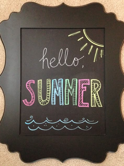 Hello summer chalkboard Summer Chalkboard Art, Summer Chalkboard, Chalkboard Art Diy, Chalkboard Art Quotes, Chalkboard Wall Art, Chalkboard Doodles, Blackboard Art, Chalkboard Calendar, Chalk Ideas