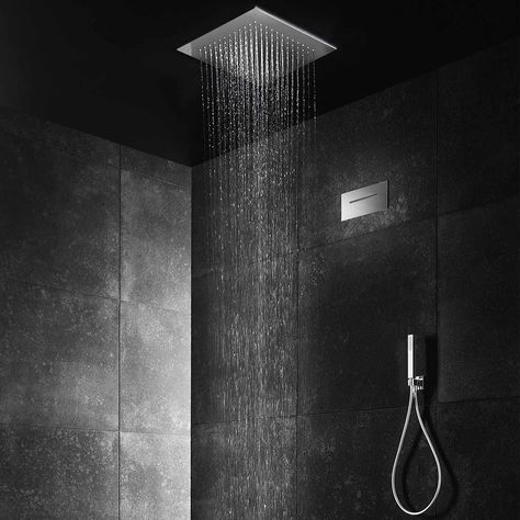 Shower Head In Ceiling, Shower From Ceiling, Bathroom Ceiling Ideas, Ceiling Mounted Shower Head, Modern Shower Room, Ceiling Shower Head, Walk In Shower Designs, Bathroom Shower Design, Waterfall Shower