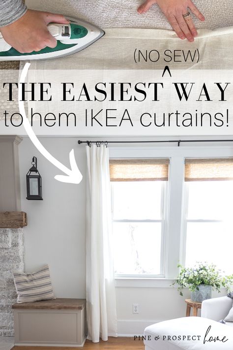 The Easiest (No Sew) Way to Hem IKEA Curtains - Pine and Prospect Home Hem Curtains, Ikea Drapes, How To Hem Curtains, Natural Wood Stain, Pine And Prospect Home, Pine And Prospect, Curtains Without Sewing, Thrifted Decor, Ikea Ideas