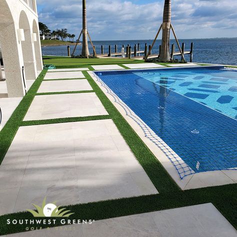 Pool With Turf, Pool With Turf And Concrete, Pools With Turf And Pavers, Turf And Pavers Around Pool, Artificial Turf Around Pool, Turf And Stone Around Pool, Pool With Pavers And Turf, Pool With Grass And Pavers, Rectangle Pool With Artificial Turf