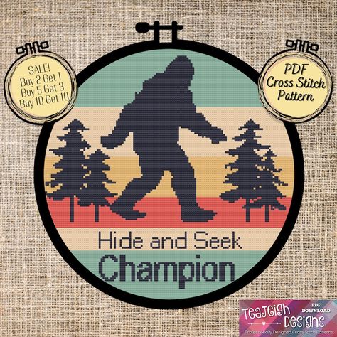 Big Foot Hide and Seek Champion Cross Stitch Pattern - Etsy Canada Bigfoot Cross Stitch, Yeti Bigfoot, Pattern Printable, Hide And Seek, Printed Sheets, Crochet Cowl, Beaded Jewelry Patterns, Pdf Patterns, Printable Patterns