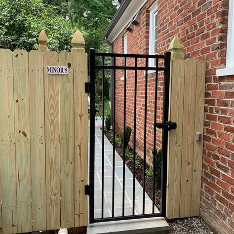 Iron Walk Gates, Wrought Iron Gates With Wood Fence Ideas, Wooden Gate With Iron Insert, Wood Fence Metal Gate, Wooden Fence With Metal Gate, Wood Fence With Iron Gate, Dogear Fence, Wood Fence With Metal Gate, Fence Gate Ideas Metal