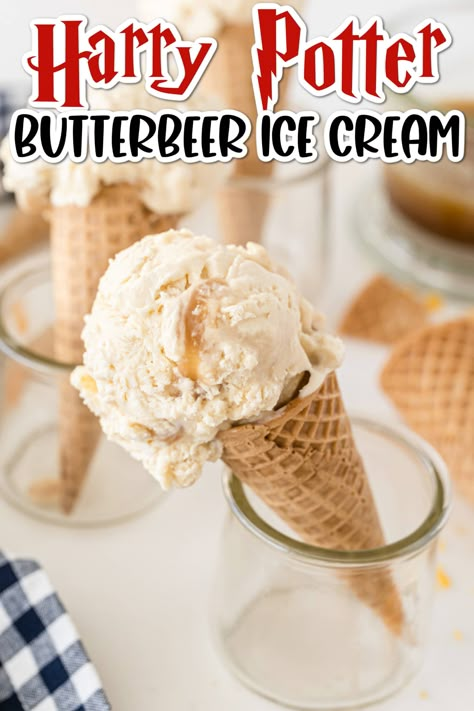 This delicious Butterbeer Ice Cream is smooth and creamy and filled with butterscotch flavors. Best of all, it's a no churn ice cream recipe, meaning this frozen dessert is super easy to make too! It's perfect for your next Harry Potter party or just a fun surprise for your little wizards! Butterbeer Ice Cream Recipe, Kitchen Aid Ice Cream Recipes, Butterbeer Ice Cream, Fall Ice Cream, Homemade Ice Cream Recipes Machine, Harry Potter Butterbeer, Kitchen Aid Ice Cream, Beer Ice Cream, Ice Cream Recipes Machine