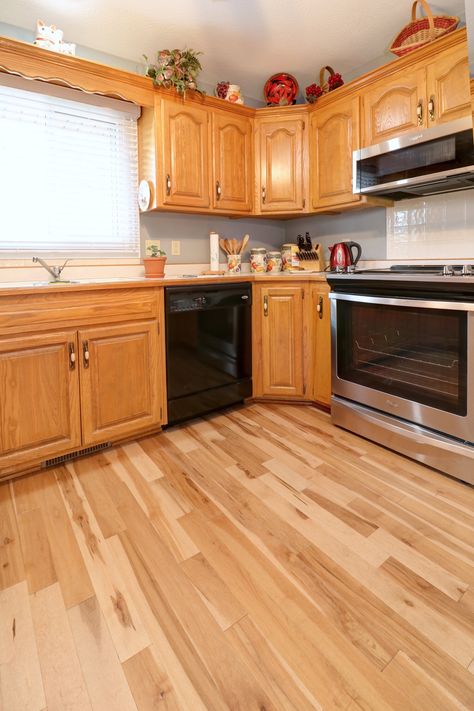 Maple Kitchen Cabinets With Wood Floors, Kitchen Floor With Oak Cabinets, Flooring To Go With Honey Oak Cabinets, Kitchen Flooring Ideas With Oak Cabinets, Oak Kitchen Floors, Flooring With Honey Oak Cabinets, Honey Oak Cabinets Flooring Ideas, Maple Vinyl Plank Flooring, Honey Oak Kitchen Cabinets