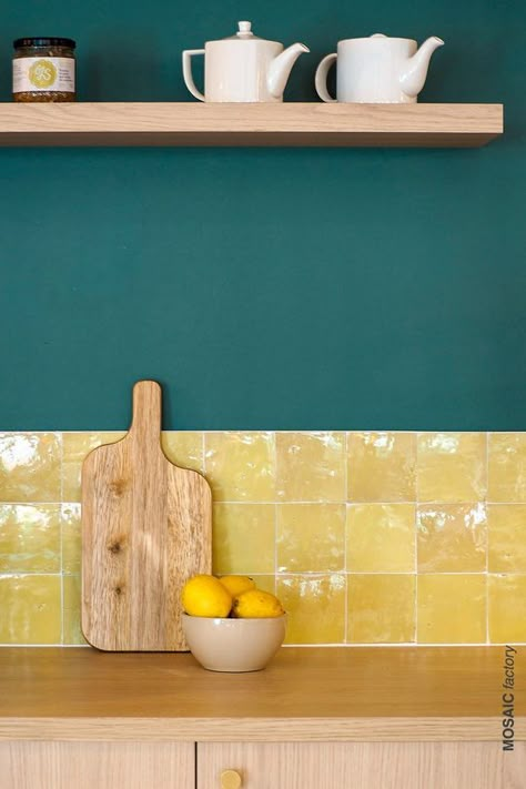 Yellow Tile Kitchen, Yellow Kitchen Tiles, Authentic Kitchen, Colorful Kitchen Backsplash, Yellow Kitchen Designs, Colorful Backsplash, Dark Green Walls, Yellow Tile, Kitchen Wall Tiles