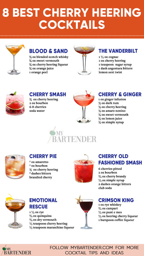 8 Best Cherry Heering Cocktails Luxardo Cherry Cocktail, Cherry Brandy Cocktails, Cherry Liqueur Cocktails, Cherry Cocktails, Elegant Cocktails, Liqueur Cocktails, Breakfast Martini, Cheers Bar, Cherry Martini