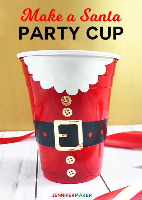 DIY Santa Personalized Party Cups | Vinyl Christmas Decals for Party Cups | Free Cricut SVG Cut Files | Santa Claus Party #partydecorations #partycups Solo Cup Christmas Ornaments, Santas Milk Cup, Christmas Plastic Cups, Christmas Paper Cup Design, Personalized Party Cups, Cups Vinyl, Christmas Party Cups, Website Strategy, Free Cricut Svg