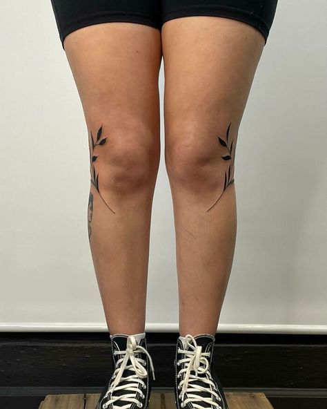 Leaves beside both knees tattoos Knee Leaves Tattoo, Knee Leaf Tattoo, Knee Tattoo Placement, Leaf Knee Tattoo, Wrap Around Knee Tattoo, Lower Knee Tattoo, Side Knee Tattoos Women, Ornamental Knee Tattoo, Top Of Knee Tattoo