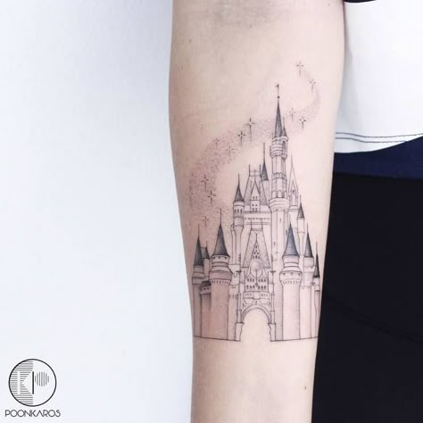 44 Fine Line Black and Grey Tattoos by Poonkaros | Page 2 of 4 | TattooAdore Disneyland Castle Tattoo, Nostalgic Tattoos, Disney Thigh Tattoo, Disney Castle Tattoo, Disney Inspired Tattoos, Victorian Witch, Tattoo Disney, Castle Tattoo, Inner Forearm Tattoo