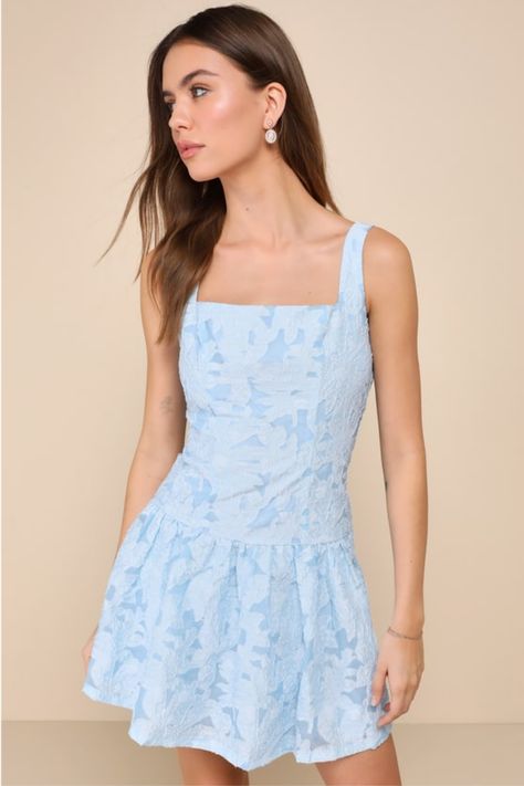 Stepping out in sweet style is always easy with a spring-approved look like the Lulus Exuberant Elegance Light Blue Jacquard Drop Waist Mini Dress! This flirty dress has a woven organza construction (with a textured floral jacquard design throughout) that shapes a sleeveless bodice with seam detailing, a square neckline, and tank straps. The figure-flaunting silhouette continues down to a skirt that boasts a trendy drop waist design and finishes at a too-cute mini hem. Long tying sashes create a Floral Hoco Dress, Recruitment Dresses, Formal Dance Dresses, Homecoming 2024, Cotillion Dresses, Floral Homecoming Dresses, Bat Mitzvah Dresses, Cute Formal Dresses, Cute Homecoming Dresses