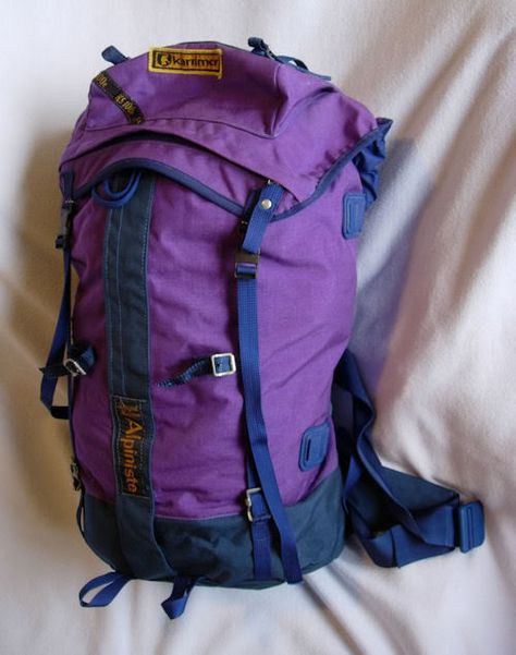 Karrimor Alpiniste. My first 'real' mountaineering rucksack. Designed by Dougal Haston around 1970ish. Except for the metal buckles (fingers kept sticking to them in sub zero temps) this was an amazing design. It even doubled as a bivy bag. Loved the colour. Loved the pack. Multicolor Adventure Backpack, Blue Functional Adventure Backpack, Blue Functional Camping Backpack, Climbing Backpack, Urban Bags, Functional Hiking Backpack With Anti-theft Pocket, Hiking Pack, Hiking Bag, Diy Backpack