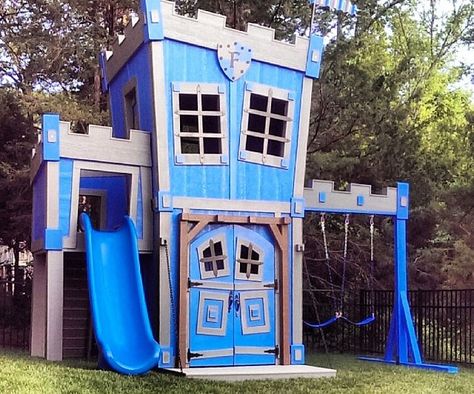 Fill your offspring’s formative years with action and adventure by installing this castle playhouse. This custom built fortress features a slide for quick escape and swingsets to launch <del>other siblings</del> enemies off your land – now all you need is a moat. Castle Playhouse, Outside Playhouse, Custom Playhouse, Kids Playhouse Outdoors, Backyard Playset, Playhouse Plans, Diy Playhouse, Backyard Playhouse, Build A Playhouse