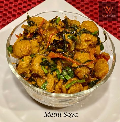 Methi & Soya Chunks Dry Sabzi Recipe is a simple sabzi where methi and soya chunks are cooked with the everyday masalas. Serve this curry with roti. Methi Recipe, Methi Recipes, Soya Chunks, Indian Veg Recipes, Veg Recipes, Kung Pao Chicken, Vegan Recipes, Ethnic Recipes