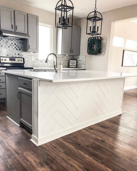 I love that herringbone shiplap on the island😍 . . . #harringbone #shiplap #kitchendesign #kitchenideas #farmhousestyle #farmhousekitchen #homedecor #kitchencabinets #farmhousedecor Herringbone Island, Shiplap Kitchen Island, Herringbone Shiplap, Shiplap Island, Island Makeover, Kitchen Island Makeover, Herringbone Kitchen, Shiplap Kitchen, Kitchen Peninsula