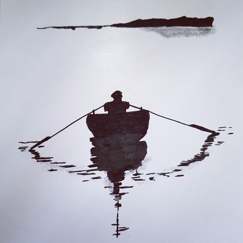 Rowing Boat Tattoo, Row Boat Drawing, Boat On Water Tattoo, Row Boat Tattoo, Rowing Boat, Rowing Tattoo, Reflection Tattoo, Scribble Drawings, River Tattoo