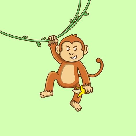 Monkey Swinging From Tree, Banana Cartoon, Funny Monkey, Cartoon Monkey, Banana Tree, Plant Tree, Monkeys Funny, Funny Cartoon, Vector Background