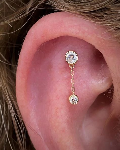 Check our how cute our Bezel CZ with Dangle Threaded Stud Earring, 14k Yellow Gold looks on this Flat Piercing 💛✨💎 Find Ireland's largest collection of Fine Jewellery in-store at 7 D'Olier Street or online at our webstore, link in bio! Curated Ears, Flat Piercing, Web Store, Fine Jewellery, Stud Earring, Link In Bio, That Look, Fine Jewelry, Stud Earrings