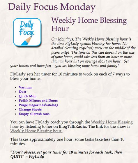 Weekly Home Blessing Hour Flylady Weekly Home Blessing, Flylady Daily Focus, Fly Lady Weekly Home Blessing, Fly Lady Cleaning Schedule, Weekly Home Blessing, Flylady Routines, Cleaning Schedule Weekly, Fly Lady Cleaning, Household Cleaning Schedule