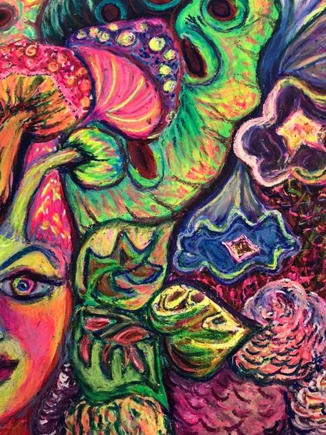 Trippy Oil Pastel Art, Oil Pastel Art On Black Paper, Oil Pastel Art Aesthetic, Oil Pastel Art Ideas Inspiration, Crayon Art Drawing, Coloured Sketches, Albrecht Durer Paintings, Mushroom Goddess, Utopia Art