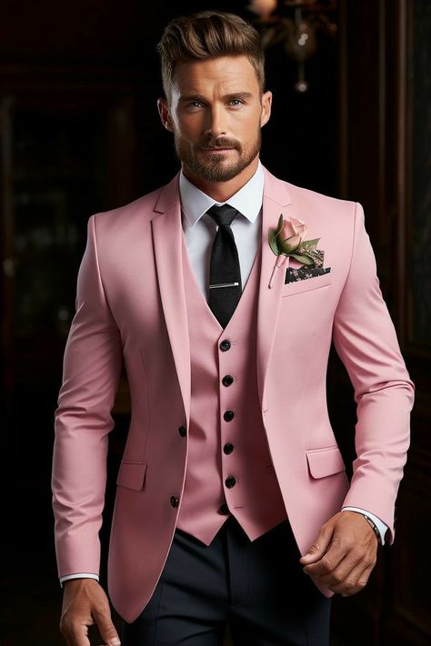 Pink Blazer Outfit For Men, Boy Prom Outfit, Prom Outfits For Guys, Men Suit Wedding, Best Wedding Suits, Pretty Lace Dresses, Stylish Mens Suits, Black Suit Men, Wedding Outfit Men