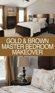 MASTER BEDROOM GOLD & BROWN MAKEOVER. Simple makeover with a classic color palette. Love this final look! Grey Walls Brown Furniture Bedroom, Bedroom Color Schemes With Dark Brown Furniture, Mahogany Bedroom Ideas Modern, Gold Tone Bedroom Ideas, Gray Bedroom With Gold Accents, Bedroom Ideas Master Color Schemes With Brown Furniture, Dark Brown And Gold Master Bedrooms, Gray Bedroom With Brown Furniture, Bedroom Paint Ideas With Brown Furniture