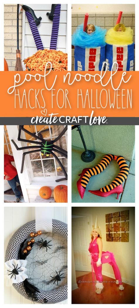 These Pool Noodle Hacks for Halloween are so versatile and amazing! Everything from decor to costumes! #halloween #halloweencostumes #halloweendecor Pool Noodle Halloween Costumes, Halloween Decorations With Pool Noodles, Halloween Decorations Pool Noodles, Pool Noodle Crafts Halloween, Pool Noodle Halloween Arch, Pool Noodle Halloween Decor, Pool Noodle Halloween, Crafts To Make And Sell Unique, Noodles Ideas