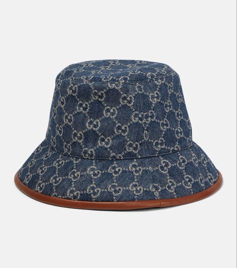 Gucci Bucket Hat, Denim Bucket Hat, Gg Monogram, Brown Trim, Stylish Hats, Perfume Brands, Gold Fabric, Prada Crossbody Bag, Gucci Accessories