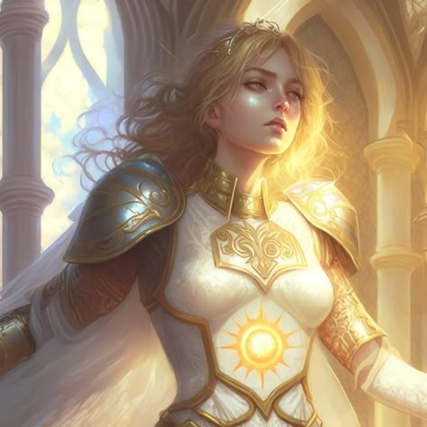 Light Warrior Woman, Sune Cleric Dnd, Sun Paladin Fantasy Art, Light Warrior Art, Light Cleric Dnd Aesthetic, Female Aasimar Cleric, Sun Knight Fantasy Art, Light Cleric Female, Light Cleric Aesthetic