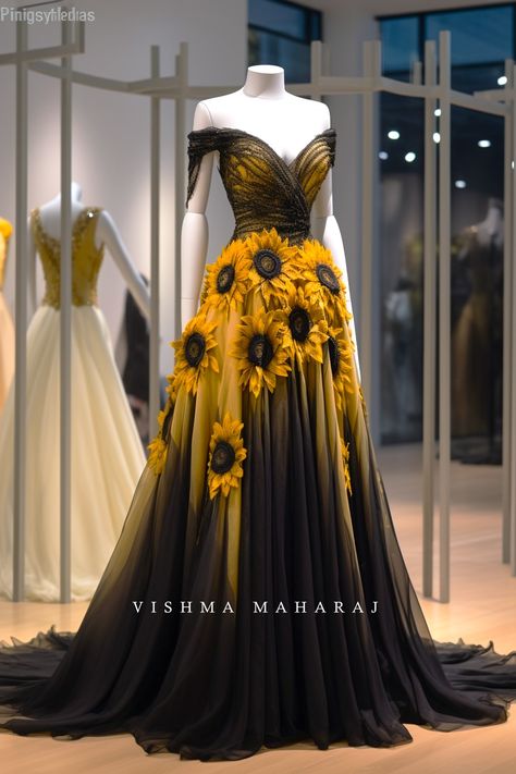 Black And Sunflower Wedding Dress, Sun Flower Wedding Dress, Sunflower Fashion Design, Yellow Floral Wedding Dress, Gothic Sunflower Wedding, Hufflepuff Ball Gown, Sunflower Prom Dress, Black And Yellow Wedding Dress, Sunflower Inspired Outfit