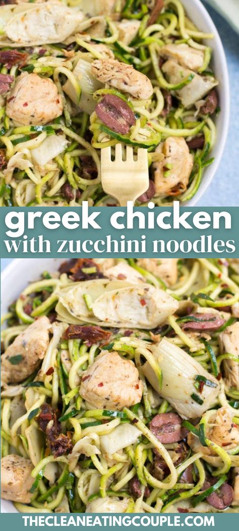 Whole30 Greek Chicken with Zucchini Noodles are an easy, healthy weeknight dinner. Made with only 10 ingredients, gluten free, paleo, low carb + so delicious! Chicken With Zucchini Noodles, Chicken With Zucchini, Healthy Summer Dinner Recipes, Spring Recipes Dinner, Whole30 Dinner, Whole30 Dinner Recipes, Easy Whole 30 Recipes, Easy Clean Eating Recipes, Crab Stuffed