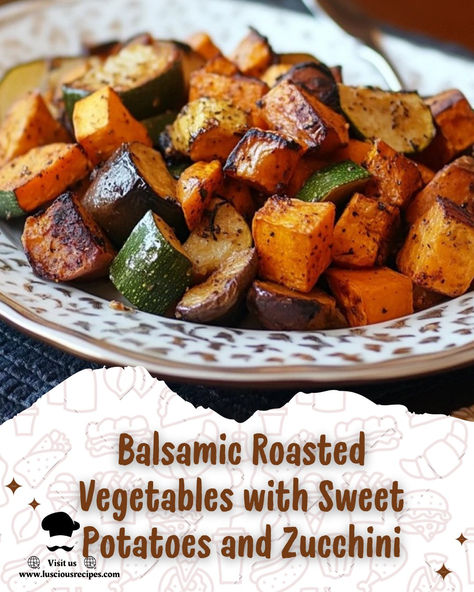 Elevate your meals with this flavorful balsamic roasted vegetables recipe featuring sweet potatoes and zucchini. Healthy, easy, and packed with caramelized goodness. Roasted Sweet Potato And Zucchini, Zucchini Squash Sweet Potato Recipes, Balsamic Glaze Vegetables, Sweet Potato And Zucchini Recipes, Zucchini Sweet Potato Recipes, Zucchini And Sweet Potato Recipes, Sweet Potato Zucchini Recipes, Sweet Potatoes And Zucchini, Roasted Vegetables Balsamic