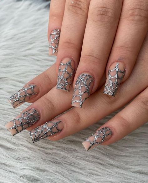 Glitter Spider Web Nails, Glitter Spider Web, Spider Web Nails, Sliver Nails, Web Nails, Spider Web, Halloween Nails, Glitter Nails, Glitter