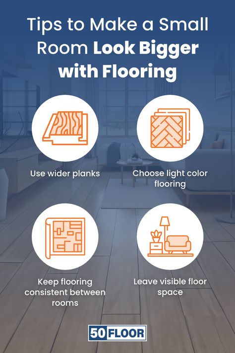 Did you know that the flooring you choose can help make a small room feel bigger? Things like choosing wider planks, selecting lighter color flooring, using the same type of flooring between rooms and hallways, and not covering up the flooring with too much furniture or decor, can all help a small room seem bigger! #HomeDesign #HomeDecor #FlooringRenovation Best Flooring For Whole House, Luxury Vinyl Plank Flooring Colors, Make Room Look Bigger, Small Room Feel Bigger, Best Luxury Vinyl Plank Flooring, Vinyl Plank Flooring Colors, Make A Room Look Bigger, Type Of Flooring, Room Look Bigger