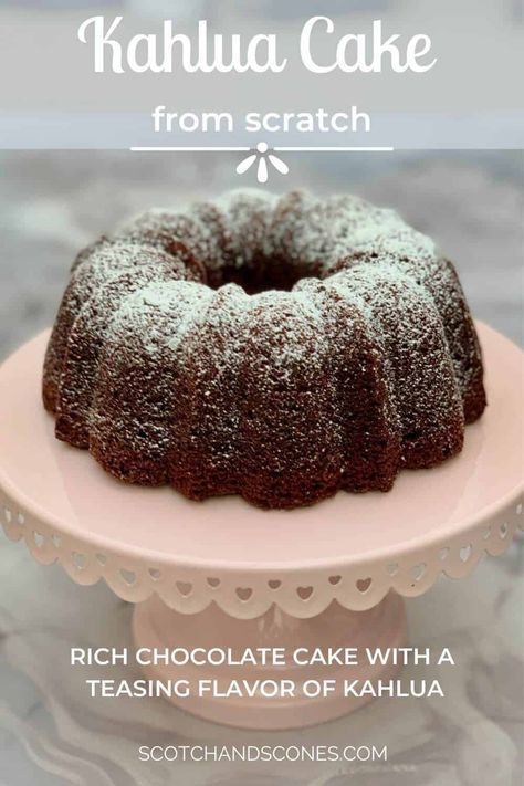 Chocolate Kahlua Cake is an easy chocolate bundt cake with a hint of Kahlua coffee liqueur and studded with chocolate chips, and it's made entirely from scratch - no box mix here! It's as perfect to bring to a potluck as it is to serve after a fancy evening or holiday dinner. Moist and rich, this is the ultimate chocolate bundt cake to make! Kahula Cake, Kahlua Chocolate Cake, Easy Chocolate Bundt Cake, Chocolate Kahlua Cake, Kahlua Coffee, Kahlua Cake, Tea Treats, Kahlua Coffee Liqueur, Cake From Scratch