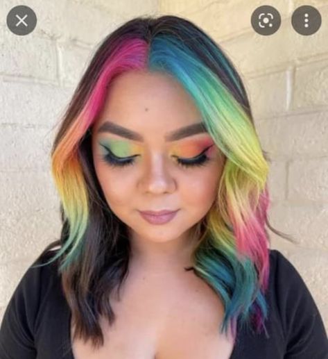 Rainbow Hair Streaks, Rainbow Streaks In Hair, Rainbow Money Piece Hair, Rainbow Underlights, Rainbow Bangs, Rainbow Hair Ideas, E Girl Hairstyles, Lesbian Haircut, Rainbow Ideas