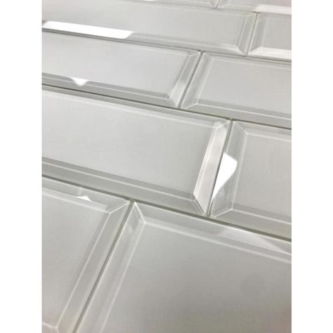 White Glass Backsplash, Beveled Subway Tile Backsplash, Kitchen Backplash, Glass Subway Tile Backsplash, Bevelled Tiles, White Glass Tile, Glass Tile Backsplash Kitchen, Glass Backsplash Kitchen, Beveled Subway Tile