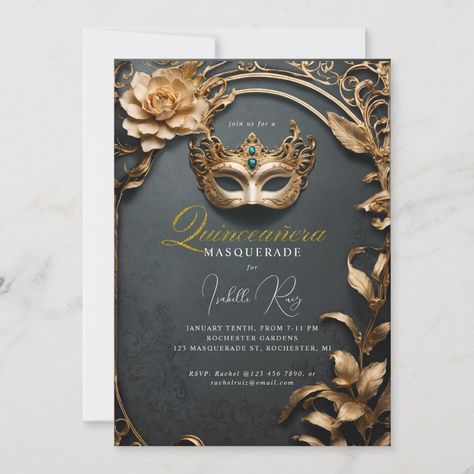 Masquerade Wedding Invitations, Quinceanera Masquerade, Masquerade Invitations, Masquerade Wedding, Black Colour Background, Mask Masquerade, Wedding Anniversary Invitations, Masquerade Party, Gold Wedding Invitations