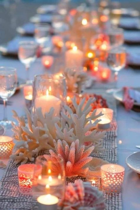 Beach Dinner Ideas Decor, Wedding Beach Table Decor, Ocean Themed Table Decor, Coastal Theme Party, Beach Tea Party, Coastal Centerpiece Ideas, Wedding Ideas Color Schemes, Beach Wedding Table Settings, Beach Tablescape