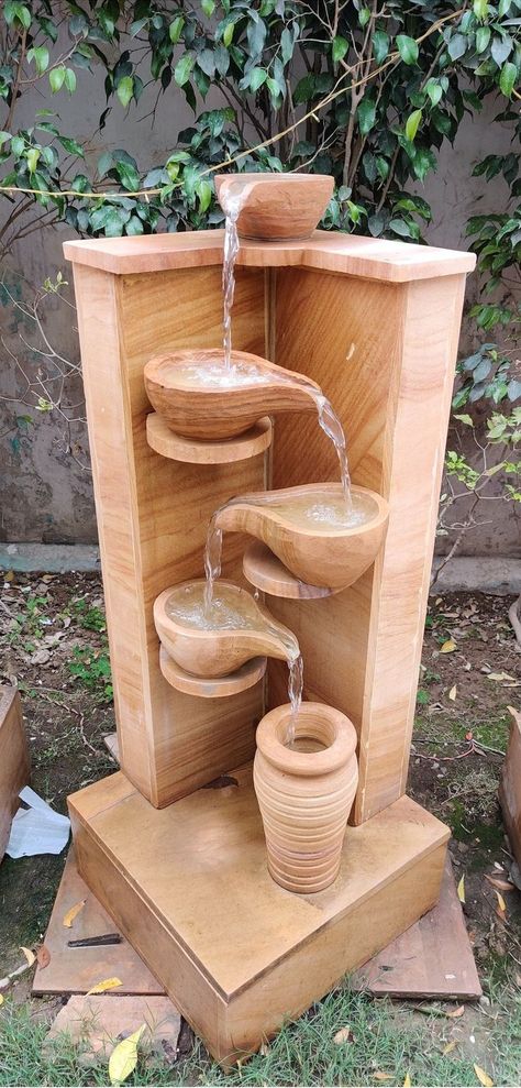 Amazing Creativity - Installing life in stone: Corner waterfall ~.~ Coffeshop Ideas, Corner Waterfall, Corner Fountain, Wooden Waterfall, Corner Plant, Indoor Fountain, Ponds, Landscaping, Planter Pots