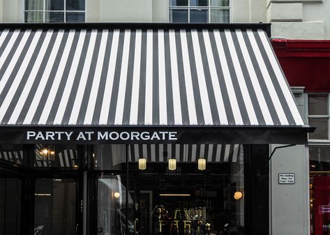 Cafe Awning, Stripe Awning, Storefront Metal Awning, Shop Awning Black Fabric White Trim, Fabric Awnings With Gold Logo, Grey Building, Commercial Awning, Striped Cafe Awning, Awning Ideas