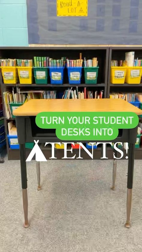 luckylittlelearners on Instagram: 📲 SHARE this classroom transformation tip with a teacher friend! Turn your student desks into TENTS for a fun classroom transformation… Classroom Tent Ideas, Desk Tents Classroom, Desk Tent Classroom, Classroom Camping Desk Tents, Camp Classroom Transformation, Desk Tent, Reading Classroom Transformation, Class Transformation Ideas, 2nd Grade Room Transformation